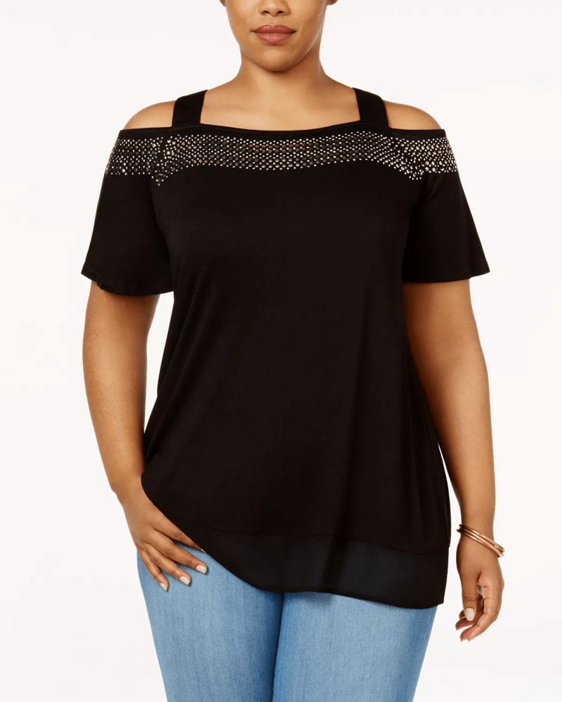 Front of a model wearing a size XXL Belldini Women's Plus Size Cold Shoulder Top Black Size XX-Large in Black by Belldini. | dia_product_style_image_id:311201